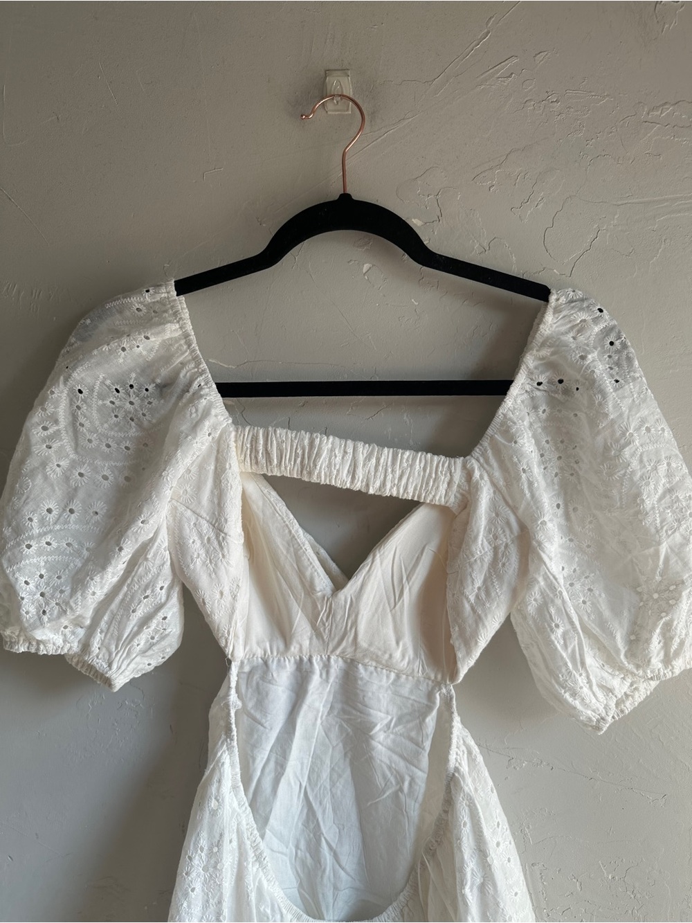 Hello Molly White Eyelet Puff Sleeve Open Back Mini Dress Cottagecore Coquette - Picture 9 of 13